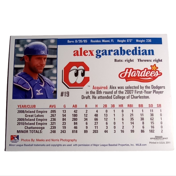 Alex Garabedian Catcher 2011 ML Chattanooga Lookouts Baseball Trading Card #19 - Picture 3 of 3